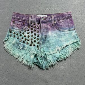 Runwaydreamz Distressed Denim Shorts Women’s XS Purple Ombré Button Fly Festival